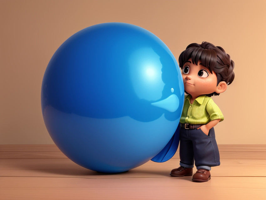 Curious Boy with Giant Blue Ball Toy