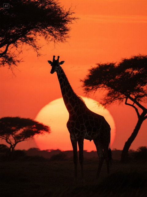 A silhouette of a giraffe against