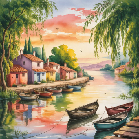 Serene Riverside Village at Sunset