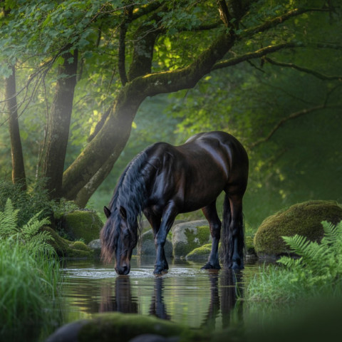 a photograph of a powerful black friesia